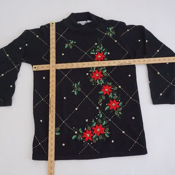 Vintage BP Design Black Poinsettia Sequin Holiday Sweater Grandmacore Boho M - Picture 3 of 9